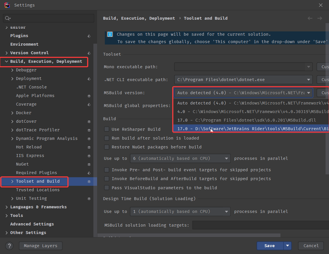 Rider settings for MSbuild version